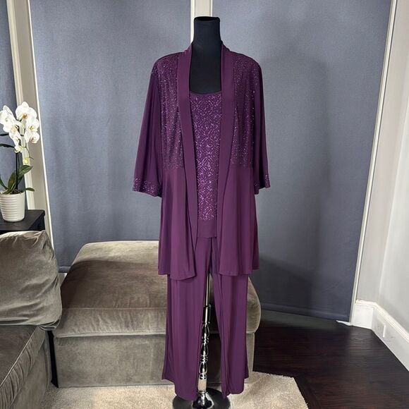 Women’s R&M Richards Purple 2 Piece Formal Pant Suit 3/4 Sleeves Size 16W *READ - Picture 1 of 16
